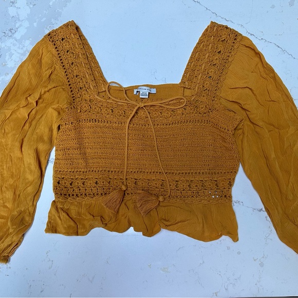 American Eagle Outfitters Tops - American Eagle Mustard Crochet Peasant Blouse
